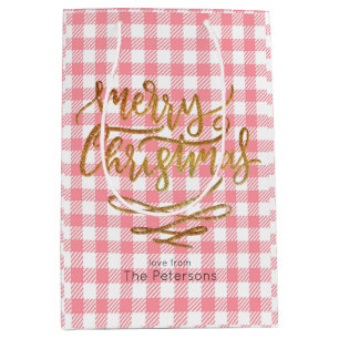 Gold Frohe Weihnachten auf Pink Gingham Kariert Mittlere Geschenktüte