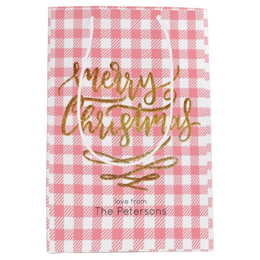 Gold Frohe Weihnachten auf Pink Gingham Kariert Mittlere Geschenktüte (Vorderseite)