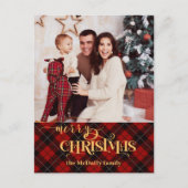 Gold Frohe Weihnachten auf Red Tartan Foto (Vorderseite)