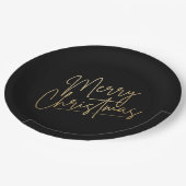 Gold Frohe Weihnachten auf schwarz Pappteller (Schrägansicht)