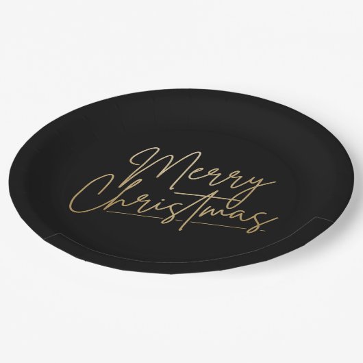 Gold Frohe Weihnachten auf schwarz Pappteller (Schrägansicht)