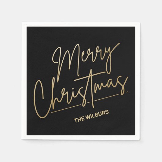 Gold Frohe Weihnachten auf Schwarz Personalisiert Serviette (Vorderseite)