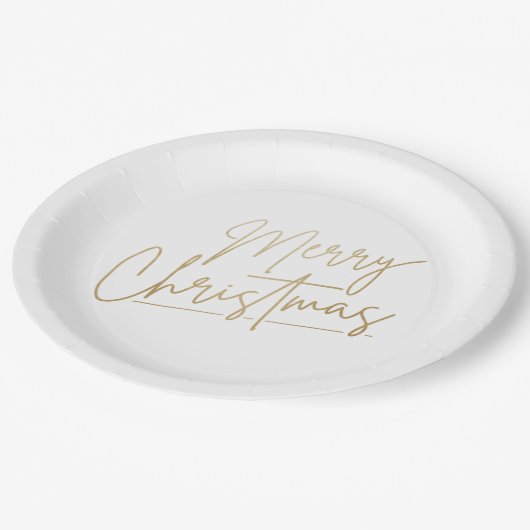 Gold Frohe Weihnachten auf Weiß Pappteller (Schrägansicht)