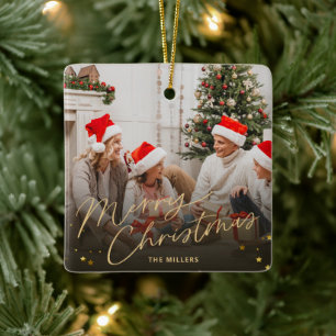 Gold Frohe Weihnachten Familienurlaub Foto Karte Keramikornament