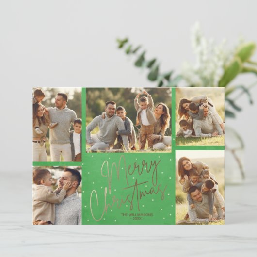 Gold Frohe Weihnachten Fünf Foto Grün (Stehend Vorderseite)