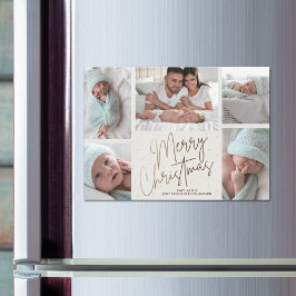 Gold Frohe Weihnachten fünf Fotos Magnetkarte