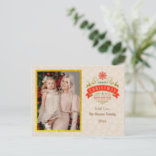 Gold Frohe Weihnachten & Glück Neues Jahr & Schnee Postkarte (Stehend Vorderseite)