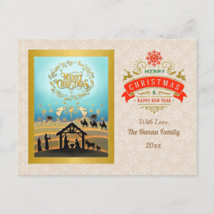 Gold Frohe Weihnachten & Glück Neues Jahr & Schnee Postkarte