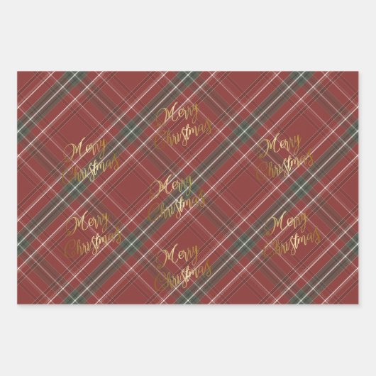 Gold Frohe Weihnachten Rot Grün Kariert Geschenkpapier Set (Vorderseite 2)