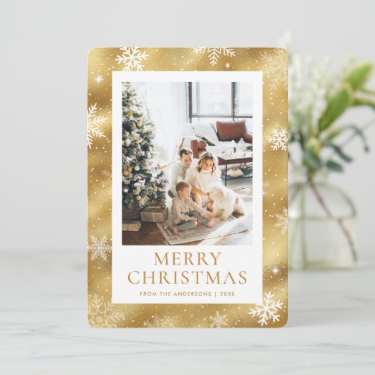 Gold Frohe Weihnachten Schneeflocken Schnee Foto (Stehend Vorderseite)