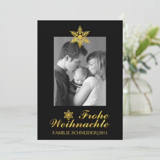 Gold Frohe Weihnachten u. Schneeflocke schwarzes (Stehend Vorderseite)
