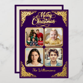 Gold Frohe Weihnachten, vier Bilder, lila, Namen Folien Feiertagskarte