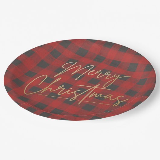 Gold Frohe Weihnachts Red Buffalo Kariert Pappteller (Schrägansicht)