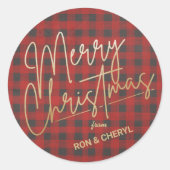Gold Frohe Weihnachts Red Buffalo Kariert Runder Aufkleber (Vorderseite)