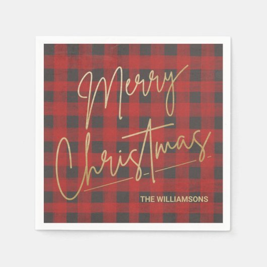 Gold Frohe Weihnachts Red Buffalo Kariert Serviette (Vorderseite)