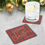 Gold Frohe Weihnachts Red Buffalo Rechteckiger Pappuntersetzer<br><div class="desc">Frohe Weihnachtstexte in einem Imitat Goldfolienskript und Ihr Name in schicker Schrift sind auf diesen karierten Untersetzer aus rotem und grauem Büffel zu sehen,  perfekt für den Urlaub. PASSENDE Artikel in unserem Geschäft.</div>