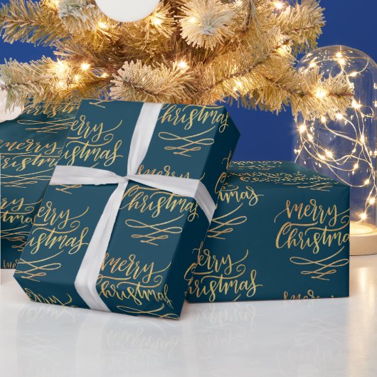 Gold Frohe Weihnachts-Script Calligraphy Blue Geschenkpapier (Feiertage)