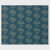 Gold Frohe Weihnachts-Script Calligraphy Blue Geschenkpapier (Flach)