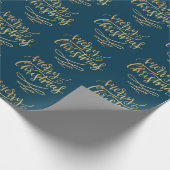 Gold Frohe Weihnachts-Script Calligraphy Blue Geschenkpapier (Ecke)