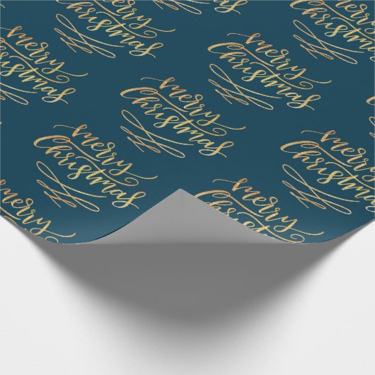 Gold Frohe Weihnachts-Script Calligraphy Blue Geschenkpapier (Ecke)