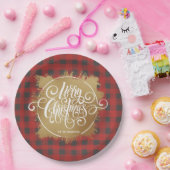 Gold Frohe Weihnachtsbüffel Kariert Pappteller (Party)