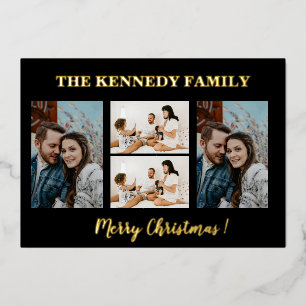 Gold Frohe Weihnachtsfamilie Name 4 Foto Collage Folien Feiertagskarte