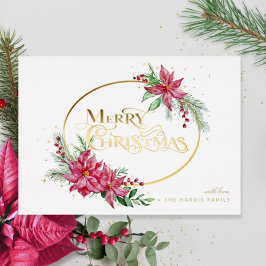 Gold Frohe Weihnachtstext mit Poinsettias und Pine Folien Feiertagskarte
