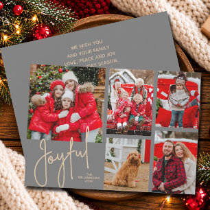 Gold FRÖHLICH auf Grau Mehrfach-Foto-Weihnachten Feiertagskarte