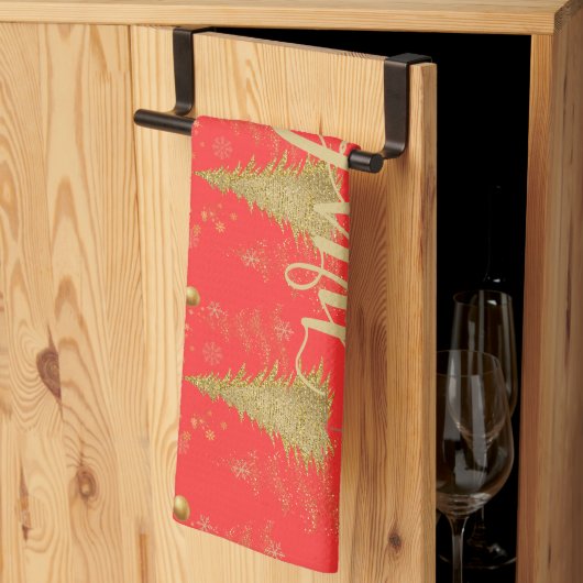 Gold FRÖHLICH auf roter Weihnachtsfeier Geschirrtuch (Drittel gefaltet)