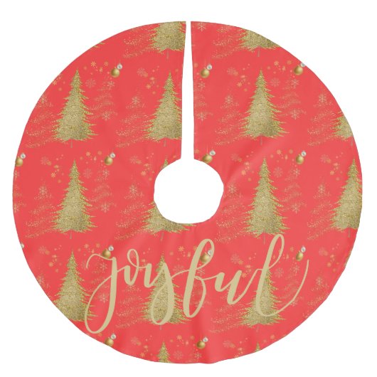 Gold FRÖHLICH auf roter Weihnachtsfeier Polyester Weihnachtsbaumdecke (Vorderseite)