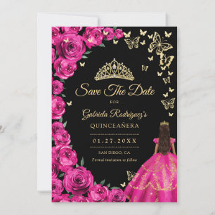 Gold Fuchsia Pink Roses Schmetterlinge Quinceanera Save The Date