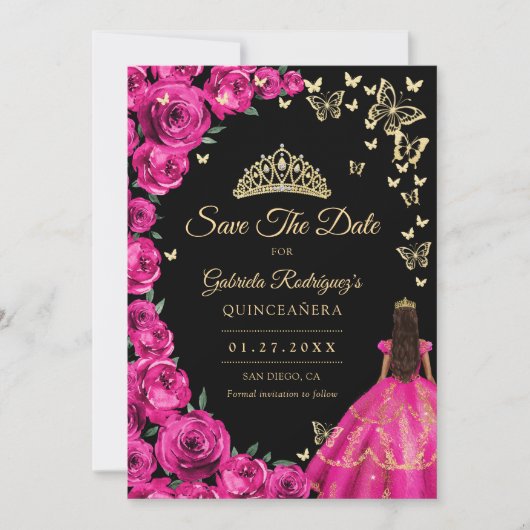 Gold Fuchsia Pink Roses Schmetterlinge Quinceanera Save The Date (Vorderseite)