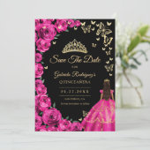 Gold Fuchsia Pink Roses Schmetterlinge Quinceanera Save The Date (Stehend Vorderseite)