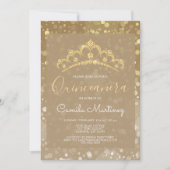 Gold Funkelnd Confetti Quinceanera mit Tiara Einladung (Vorderseite)