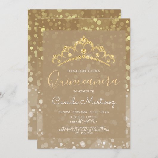 Gold Funkelnd Confetti Quinceanera mit Tiara Einladung (Vorne/Hinten)