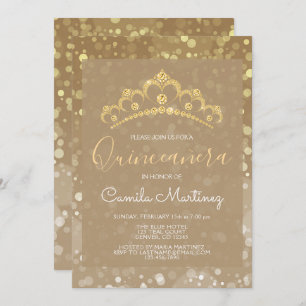 Gold Funkelnd Confetti Quinceanera mit Tiara Einladung