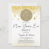 Gold Funkelnd Disco Ball Silvester Party Einladung (Vorderseite)