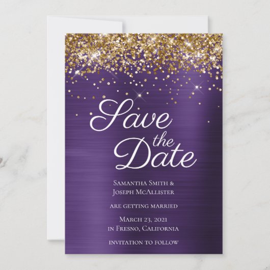 Gold Funkelnd Glitzer Dunkle Violet Ombre Foil Save The Date (Vorderseite)
