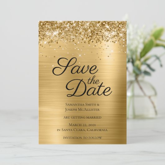 Gold Funkelnd Glitzer und Ombre Foil Save The Date (Stehend Vorderseite)