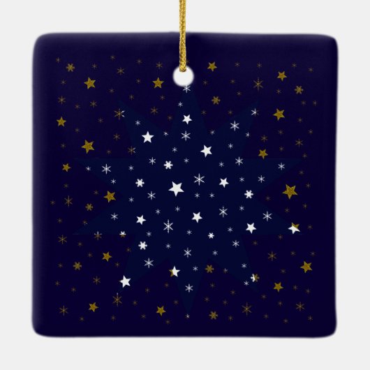 Gold Funkelnd Sterne und weiße Sterne auf blauem H Keramikornament (Rückseite)
