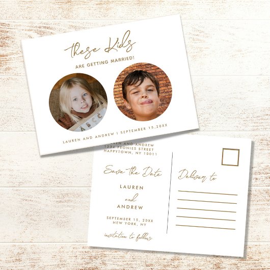 Gold Funny Kids Foto Skript Hochzeit Speichern Sie Ankündigungspostkarte