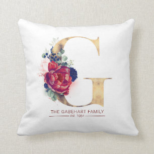 Gold G Monogram Floral Burgund Red and Navy Blue Kissen