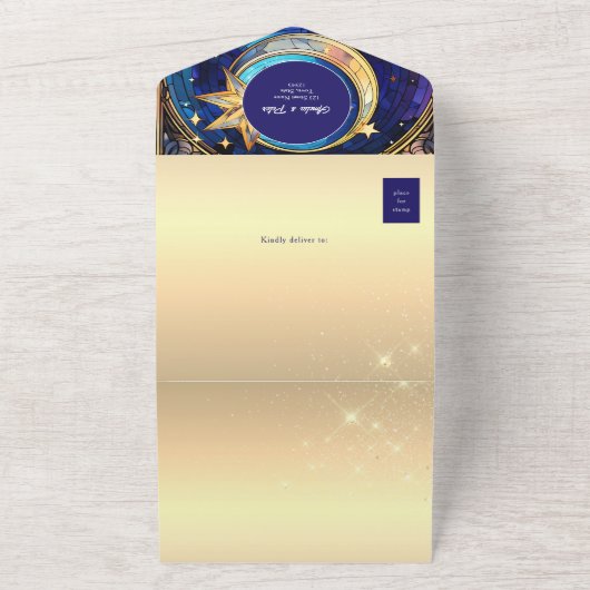 Gold Galaxy Starry Night Wedding All In One Einladung (Außenbereich)