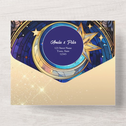 Gold Galaxy Starry Night Wedding All In One Einladung (Rückseite)