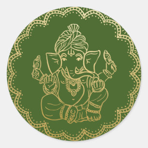 Gold Ganesh   Indian God Green Wedding Runder Aufkleber