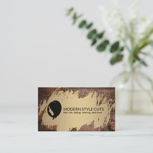 Gold gebürstet | Holz | Friseurbarsch Visitenkarte (Stehend Vorderseite)