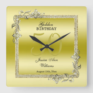 Gold Gem & Glitter 50th Golden Birthday Quadratische Wanduhr