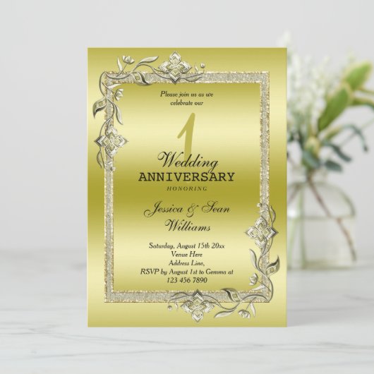 Gold Gem & Glitzer 1. Hochzeitstag Einladung (Stehend Vorderseite)