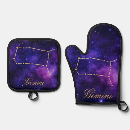 Gold Gemini Sternbild auf der Dunkelgalaxie | Ofenhandschuh & Topflappen-Set (Vorderseite)