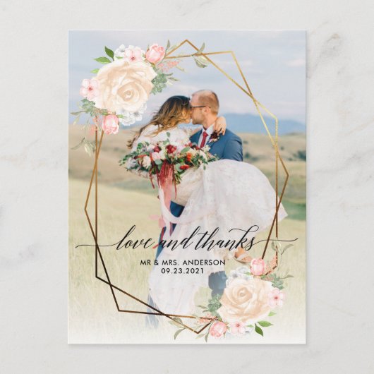 Gold Geo Frame Peach Foto Hochzeit Vielen Dank Postkarte (Vorderseite)